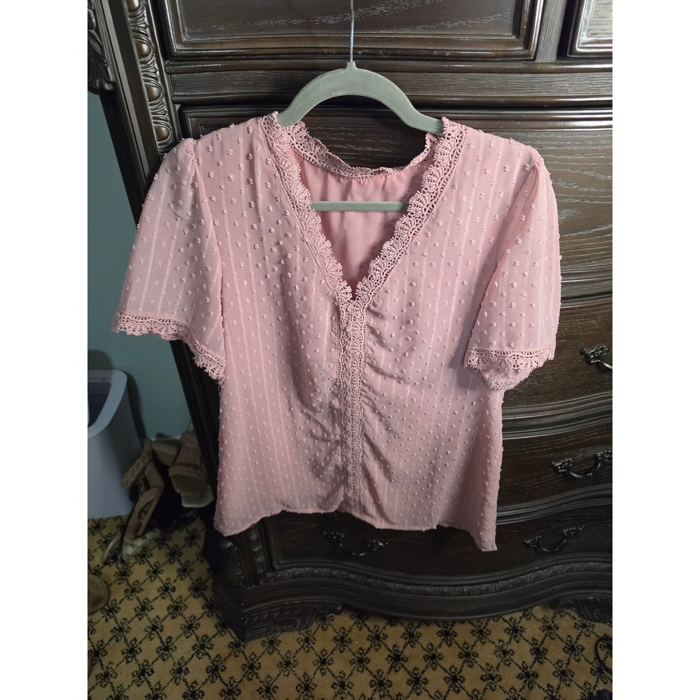 Dusty Pink Swiss Dot Crochet Lace Trim V-Neck Shortโ Sleeve Blouse Top